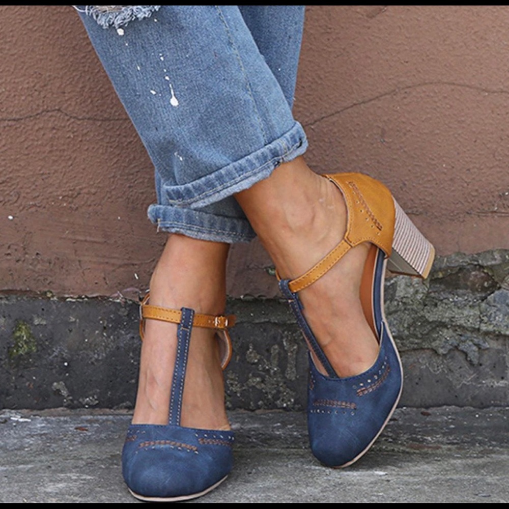 Women Vintage Color Casual Chunky Heel